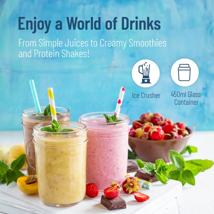 Powerology 6-Blade Portable Juicer with 450ml Capacity, Safety Switch, 126W Motor, Glass Container, USB-C Charging Port, 16500 RPM Speed, Ice Crusher, Stainless Steel Blades - Silver