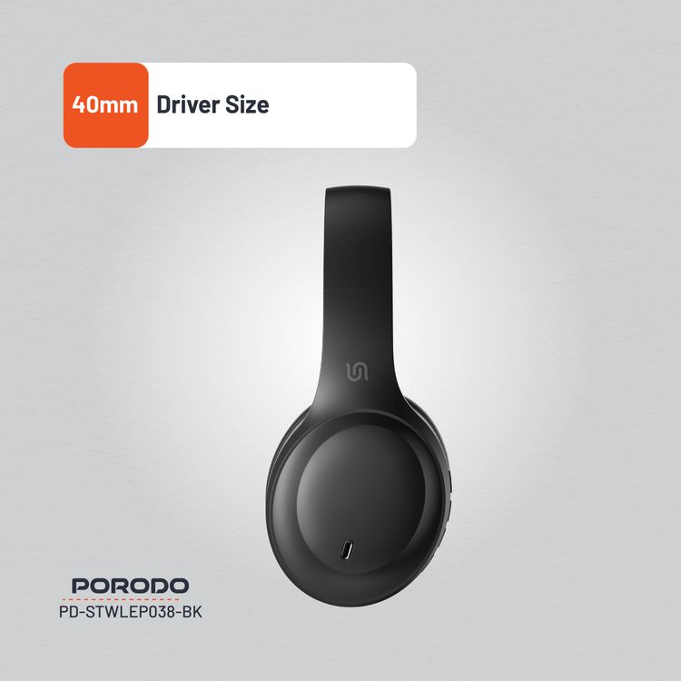 Porodo Soundtec Wireless Headphones with 400mAh Battery Capacity, 1.5 Hours Recharge Time, Up to 50 Hours Working Time, Type C Charging Port, Bluetooth V5.4 - Black