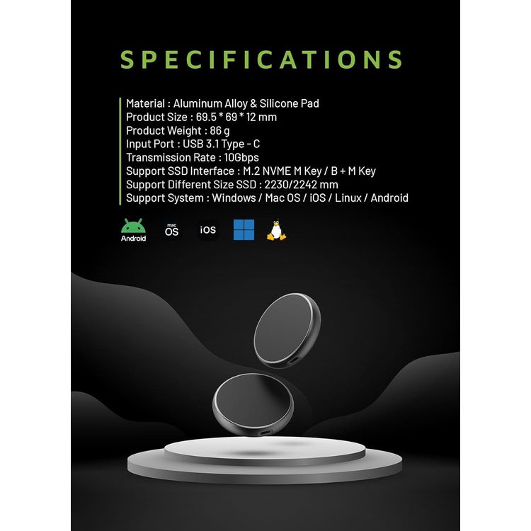 Green Lion MagSafe M.2 NVMe SSD Case with Aluminum Alloy & Silicone Pad Material, Type-C Port, Supports Windows, MacOS, iOS, Linux, Android - Gray