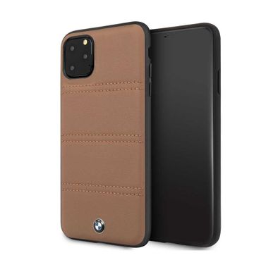 BMW Hard Case Leather Horizontal Lines Compatible w/ iPhone 11 Pro Max, Complete Protection, Easy Access to All Ports,Raised Edge to Protect Camera - Camel