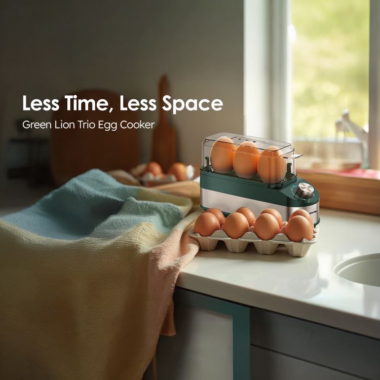 Green Lion Trio Egg Cooker with Auto Shutoff, Rotatory Knob, Non-Stick Coating, BPA-Free Plastic, 210W Rated Power - Green