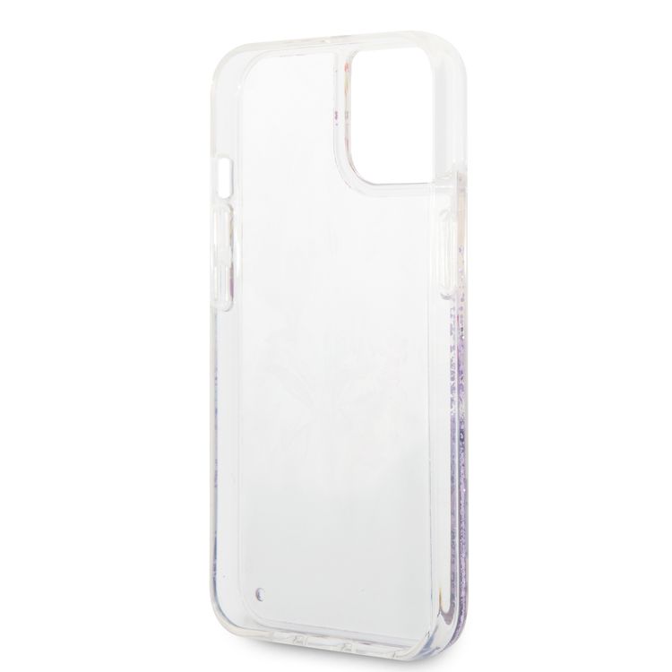 Guess Liquid Glitter Case with Flower Pattern Extra Shine Smooth Touch Feel iPhone 14 Compatibility - Purple