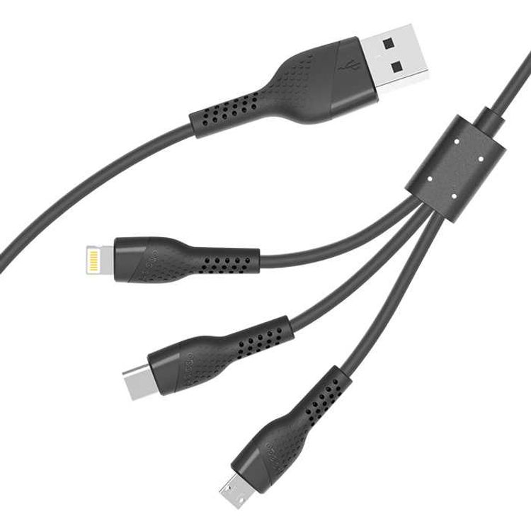 Porodo PVC 3 in 1 Cable 1.4 M, 3 in 1 Multiple USB Charger Cable with Lightning/USB Type C/Micro USB Connector, Compatible for Devices with Lightning/Type C/Micro USB Cable - Black