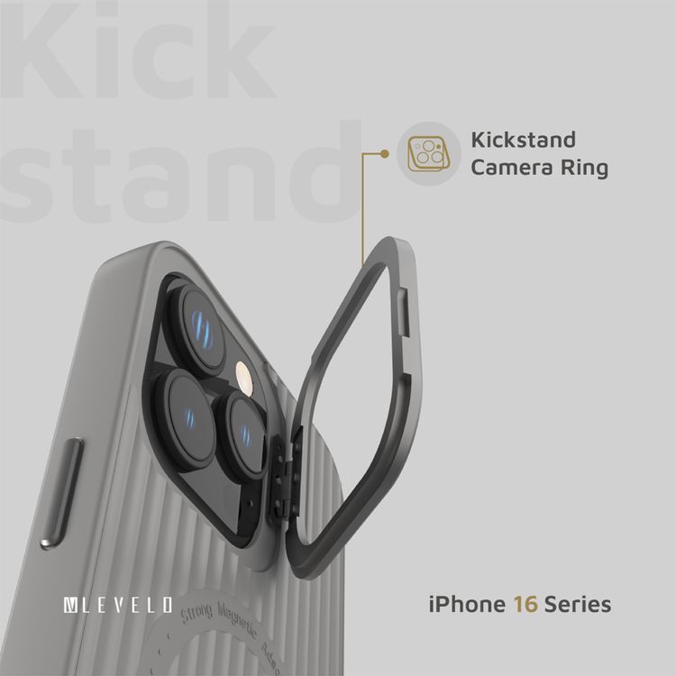 Levelo Livia Case for iPhone 16 Pro Max with MagSafe Compatibility, Impact-Resistant Corners, Built-in Kickstand, TPU with Silicone Surface, Metal Camera Ring - Gray