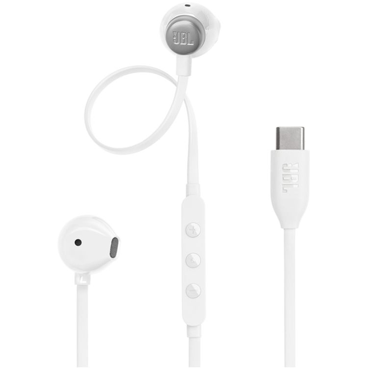 سماعات JBL Tune 305C USB-C سلكية داخل الأذن عالية الدقة، متوافقة مع أجهزة USB-C، محول رقمي إلى تناظري، إعدادات مسبقة للمعادل - أبيض