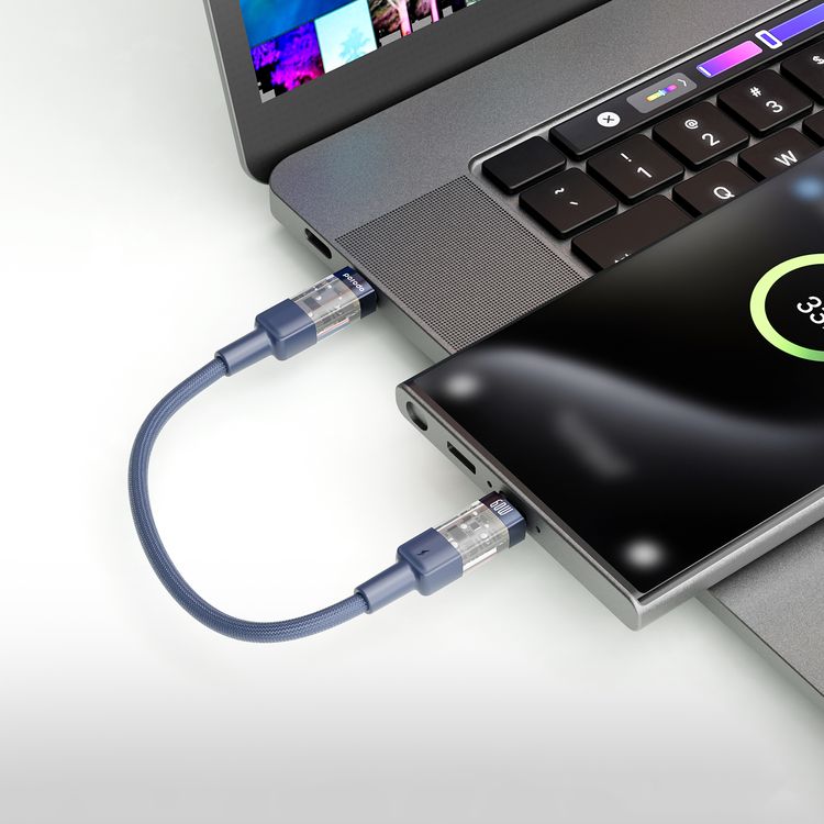 Porodo Braided USB-C to USB-C Cable with Transparent Heads, 60W Power Delivery, 480Mbps Transfer Speed, Fast Charge & Data Sync, Tangle-Free Design, 35cm Cable Length, High-Grade Components - Blue