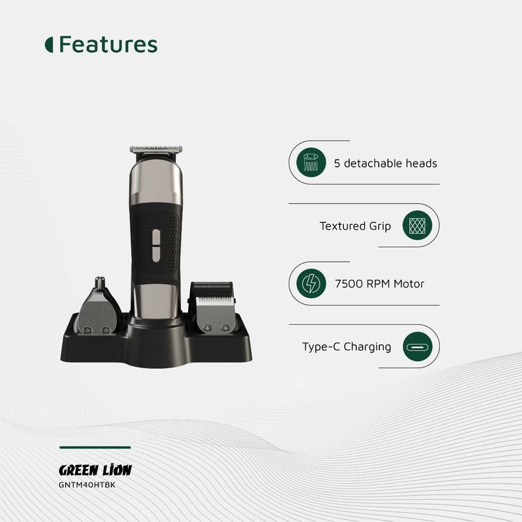 Green Lion Trim Master 5-in-1 Trimmer with Storage Base, Textured Grip, Type-C Charging, Corded & Cordless Use, Digital Display, Detachable Different Heads - Black