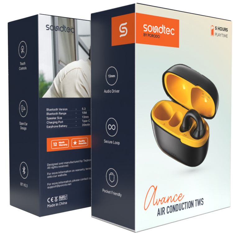  Porodo Soundtec Avance Air Conduction TWS Earbuds with Up to 5 Hours of Playtime, Open-Ear Design, 5.3 Bluetooth Version, Touch Controls, Pocket Friendly - Black