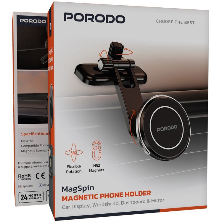 Porodo MagSpin Magnetic Phone Holder with 360° Flexible Rotation, Compatible with 60-90mm Smartphones, ABS Material, 18N Magnetic Strength, Adjustable Viewing Angle, Multi-Surface Mount - Black