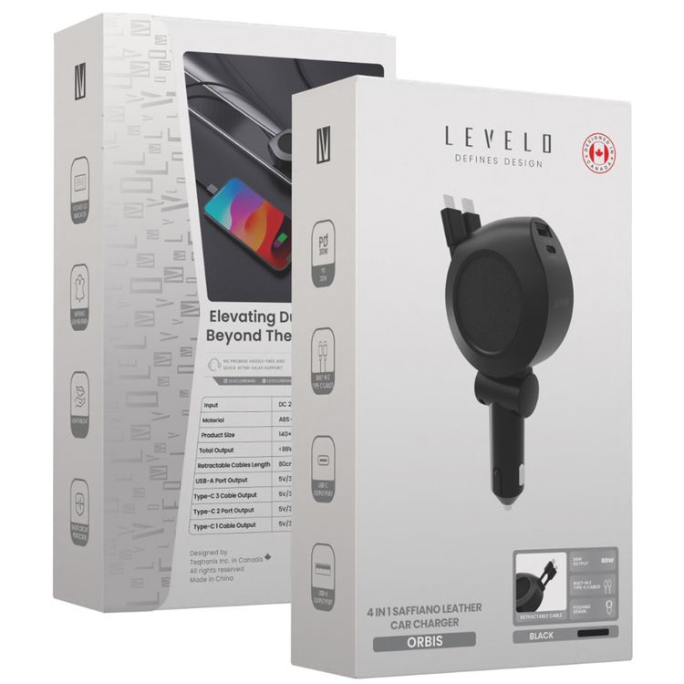 Levelo Orbis 4-in-1 Saffiano Leather Car Charger with Built-in Retractable 2 Type-C Cable, USB-A & USB-C Output Port, 80 cm Retractable Cables Length - Black
