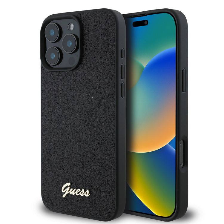 Guess Fixed Glitter Hard Case with Script Metal Logo for iPhone 16 Pro Max, Slim Profile, Drop Protection, Easy Snap-On, High-Quality Material, Extra Shield Protection - Black