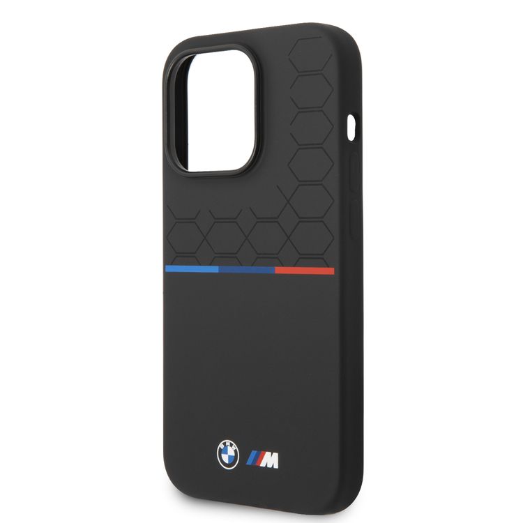 BMW M Collection Liquid Silicone Case Printed UV Varnish Pattern Tricolor Line & Logo iPhone 14 Pro Max Compatibility - Black