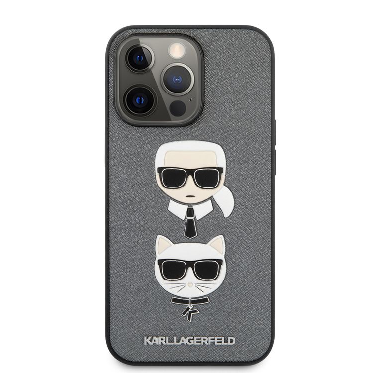 CG MOBILE Karl Lagerfeld PU Saffiano Case with Embossed Karl & Choupette Head Compatible for iPhone 13 Pro (6.1") Scratch Resistant, Easy Access to All Ports, Drop Protection