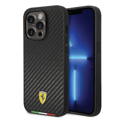 CG Ferrari Magsafe Compatibility Hard PU Smooth Case with Italian Flag Line & Metal Logo iPhone 14 Pro Compatibility - Black