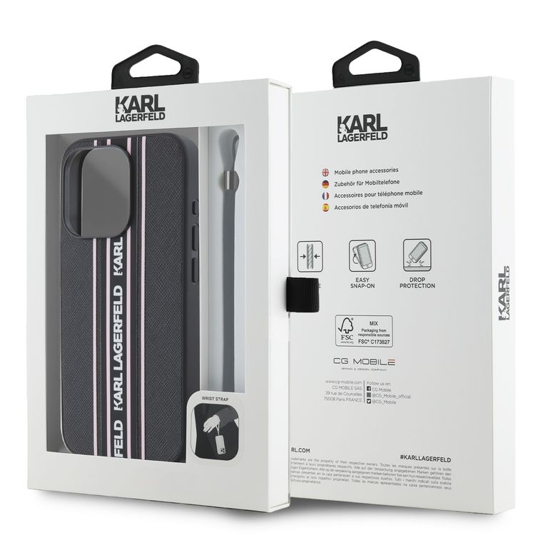 جراب Karl Lagerfeld PU الصلب مع شرائط رياضية لهاتف iPhone 16 Pro Max، خفيف الوزن، مادة عالية الجودة، قبضة مريحة وآمنة - وردي