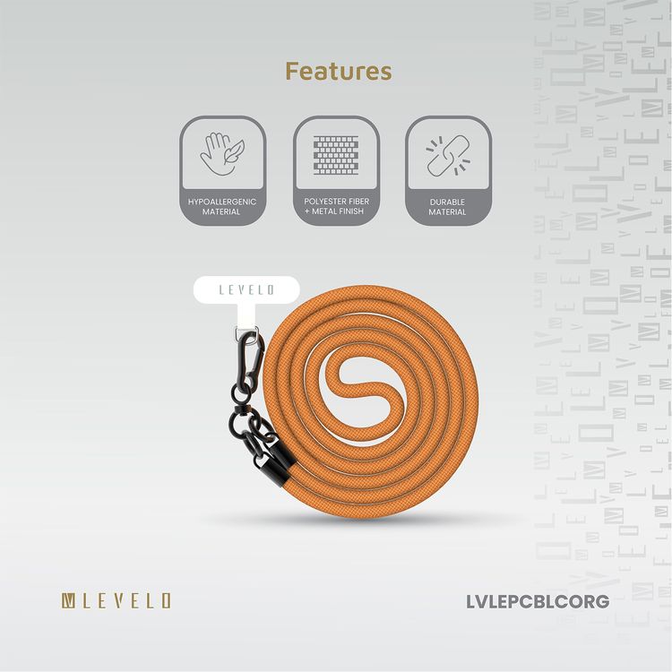 Levelo Everly Phone Crossbody Lanyard, 1.2m, Polyester Fiber, Metal Finish, Lightweight, Durable Material, Adjustable Straps, Universal Compatibility, Hypoallergenic Material - Carrot Orange