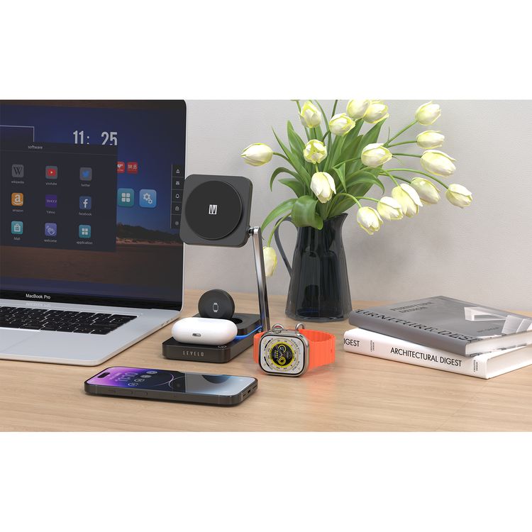 Levelo Aurora 3-in-1 Wireless Charger with Strong Magnetic Force, 90° Rotation, 15W Fast Charging, Auto Detecting Object, Overcharge Protection - Black
