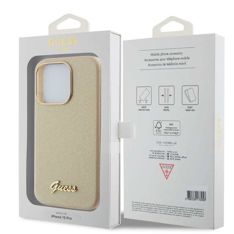 حافظة Guess PU لامعة مع شعار Guess Script - ذهب - iPhone 15 Pro