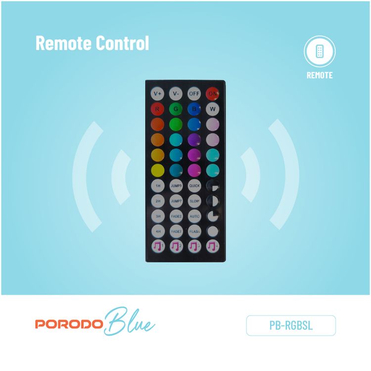 Porodo Blue RGB Light Strip with Sound Reactive Lighting, 5m Length, Jump & Fade Effects, Remote Control - Black