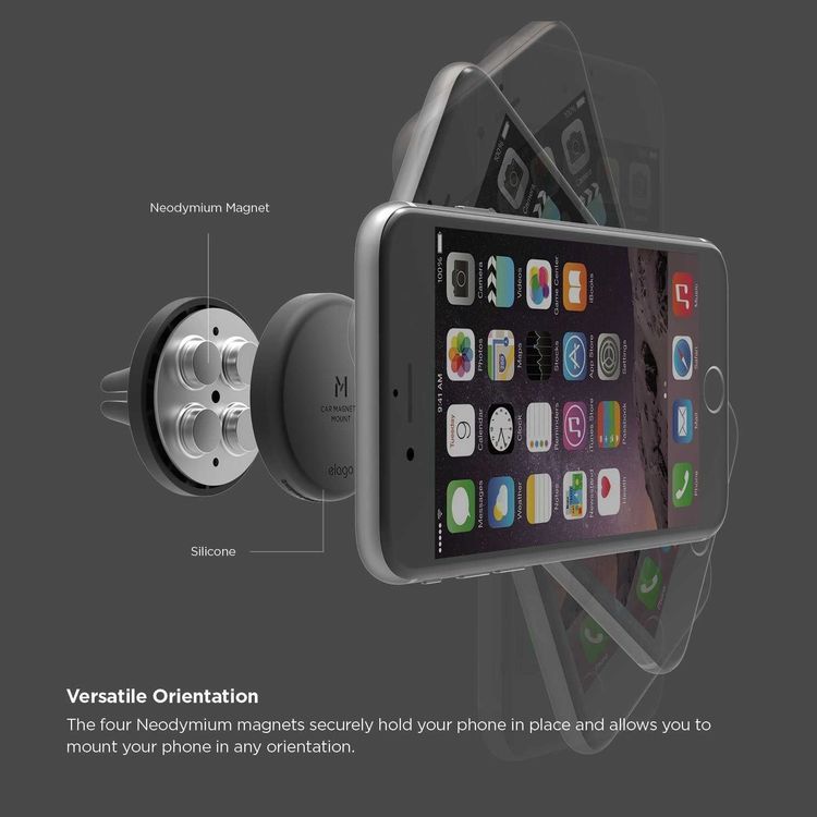 Elago Magnetic Car Mount, 4 Neodymium Magnets for Secure Hold, Remote Holder Mount, Solid Construction, Rotating View, Stronger Pull, Designed to Protect Your Phone - Black