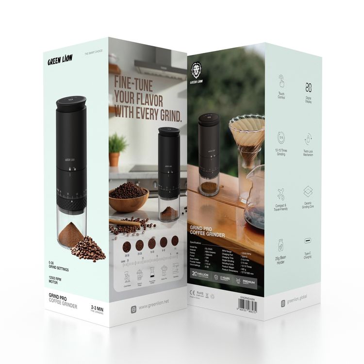 Green Lion Grind Pro Coffee Grinder with Digital Display, Type-C Charging, Touch Control, 12-15 Times Grinding, 25g Bean Holder, Compact & Travel-Friendly, Ceramic Grinding Core - Black