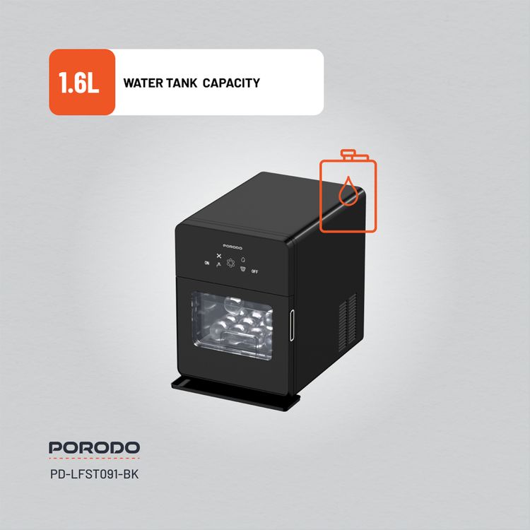 Porodo Lifestyle Sphere Ice Machine with Automatic Self-Cleaning, 4 Ice Spheres per Cycle, 1.6L Water Tank Capacity, Quiet & User-Friendly - Black
