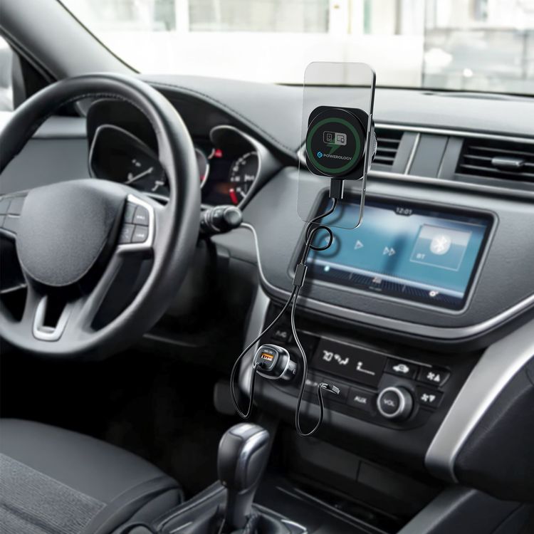 Powerology Nexara Smart Car Charger with Wireless CarPlay Support, 15W Wireless Output, 30W Power Delivery, 51W Total Output, Overload Protection - Black