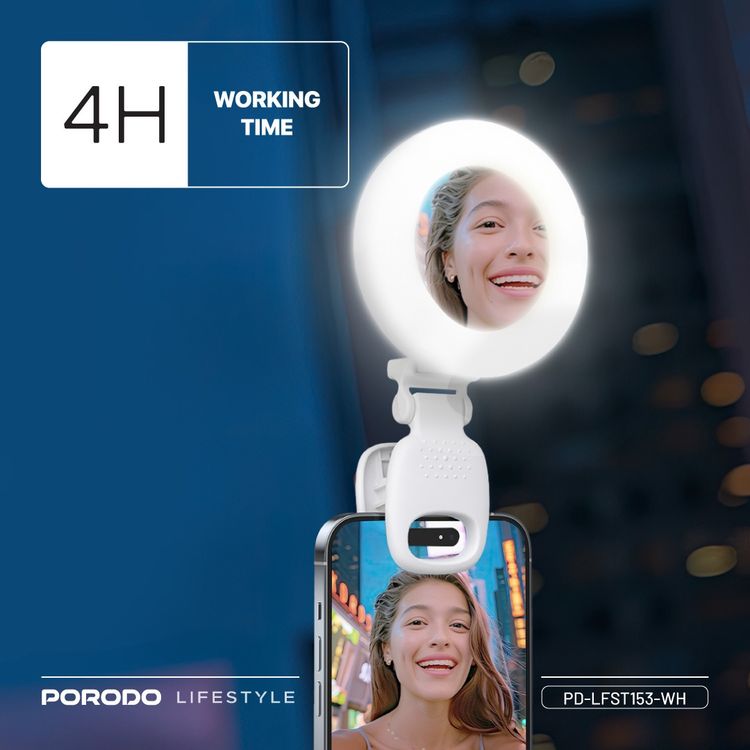 Porodo Lifestyle Clip-On Mirror Fill Light with Camera Shoe Mount, Type-C Charging Port, 200mAh Battery Capacity, Up to 4 Hours Working Time, 180° Adjustable Angle, Customizable Light Modes - White