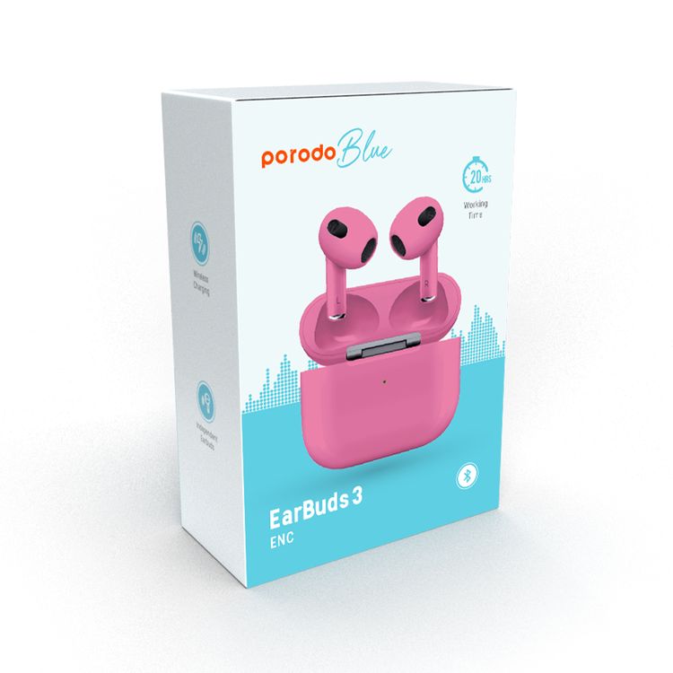 Porodo Blue Deep Bass Wireless Earbuds 3, 20 Hours Working Time, Type-C Charging Port, Environmental Noise Cancellation, Independent Earbuds, Touch Control - Pink