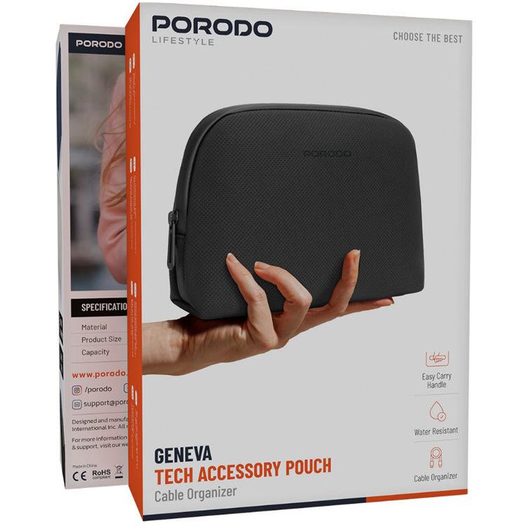 Porodo Geneva Tech Accessory Pouch with Easy-to-Carry Handle, 1L Capacity, PU Material, Zipper Closure, Water Resistant, Spacious Compartment, Cable Organizer - Black