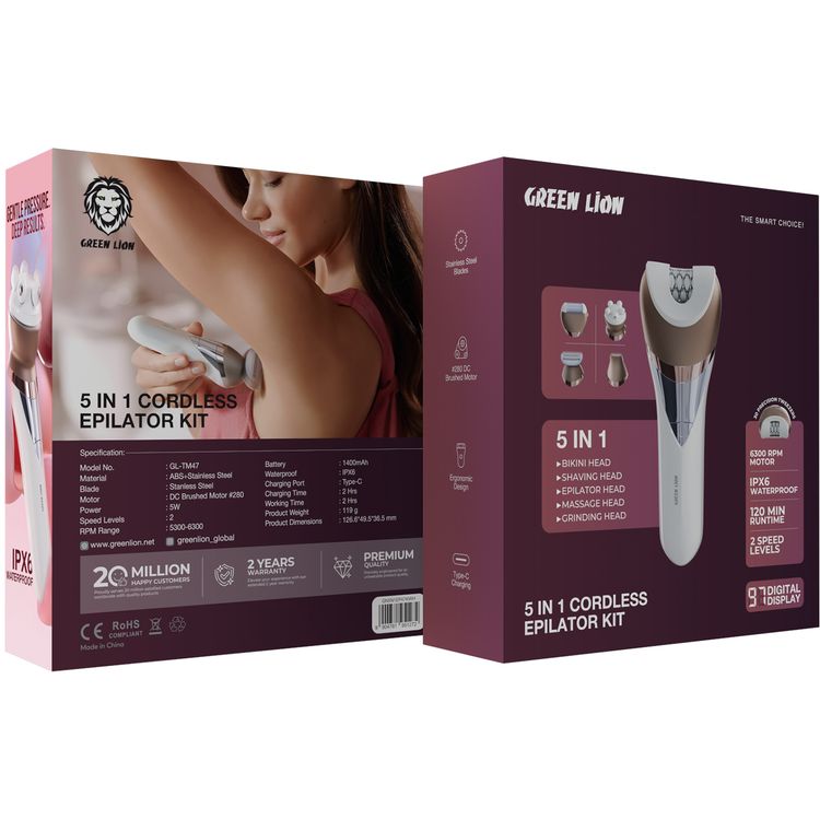 Green Lion 5-in-1 Cordless Epilator Kit with Ergonomic Design, Type-C Charging, #280 DC Brushed Motor, 6300RPM Motor, Stainless Steel Blade, 1400mAh Battery Capacity, Digital Display - White