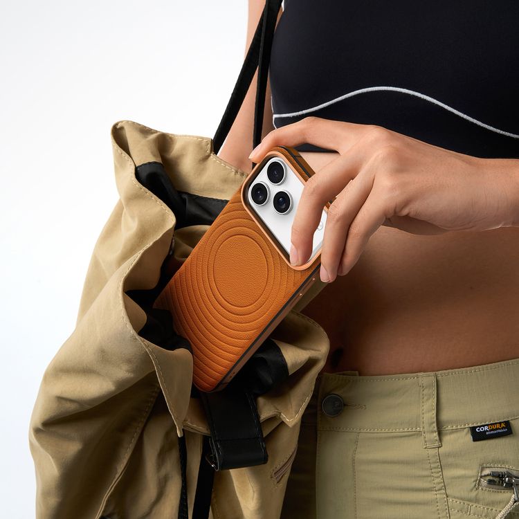 Levelo Spirale PU Leather Hybrid Case for iPhone 17 Pro, MagSafe Compatible & Strong Magnets, Impact-Resistant, Shock-Resistant Bumper, Aluminum Alloy Frame for Camera & Edges, Drop-Tested - Sunrise Orange