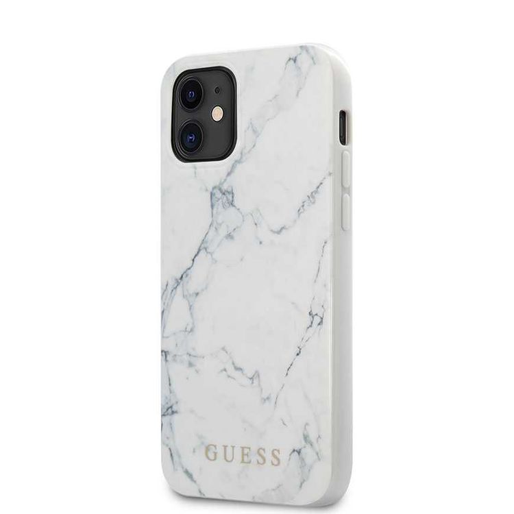 CG MOBILE Guess PC/TPU Marble Design Phone Case Compatible for iPhone 12 Mini (5.4) Protective Mobile Case Officially Licensed - White