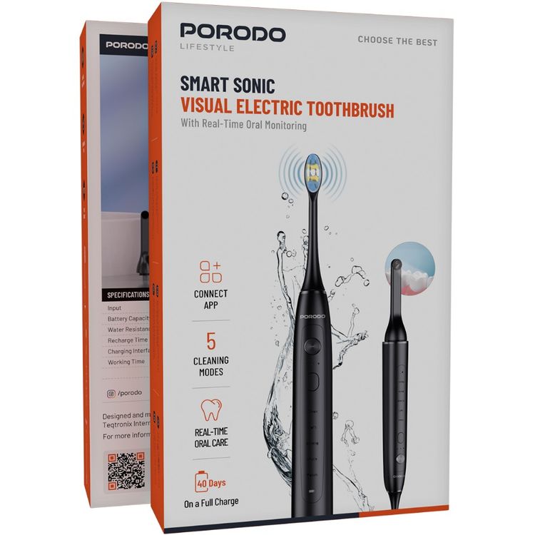 Porodo Lifestyle Smart Sonic Visual Electric Toothbrush with Real-Time Oral Monitoring, Smart Brushing Timer, 5 Cleaning Modes, Advanced Sonic Cleaning - Black
