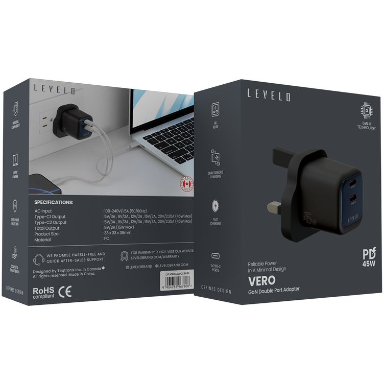 Levelo Vero GaN 45W Double Port Adapter with 2× Type-C Ports, UK Power Plug, Over Charge Protection, Fast Charging, Laptop Charger - Black / Blue