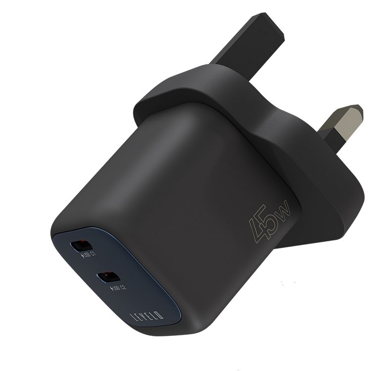 Levelo Vero GaN 45W Double Port Adapter with 2× Type-C Ports, UK Power Plug, Over Charge Protection, Fast Charging, Laptop Charger - Black / Blue