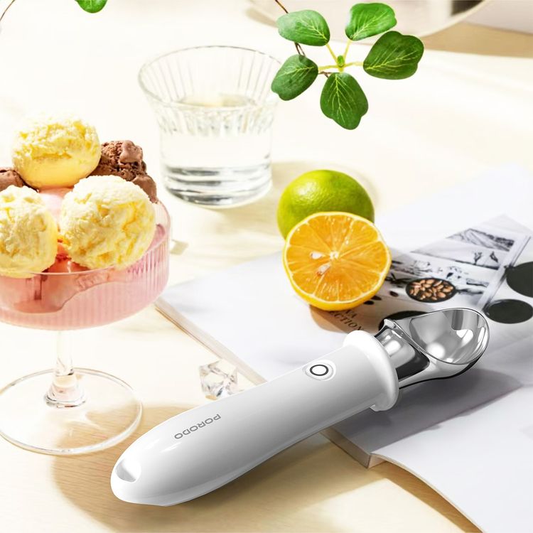 Porodo Rechargeable Heated Ice Cream Scoop with Dual Temperature Modes, 2000mAh Battery, 60-80 Minutes Unloaded Endurance, Rapid Heating Technology, Safety Switch Lock - White