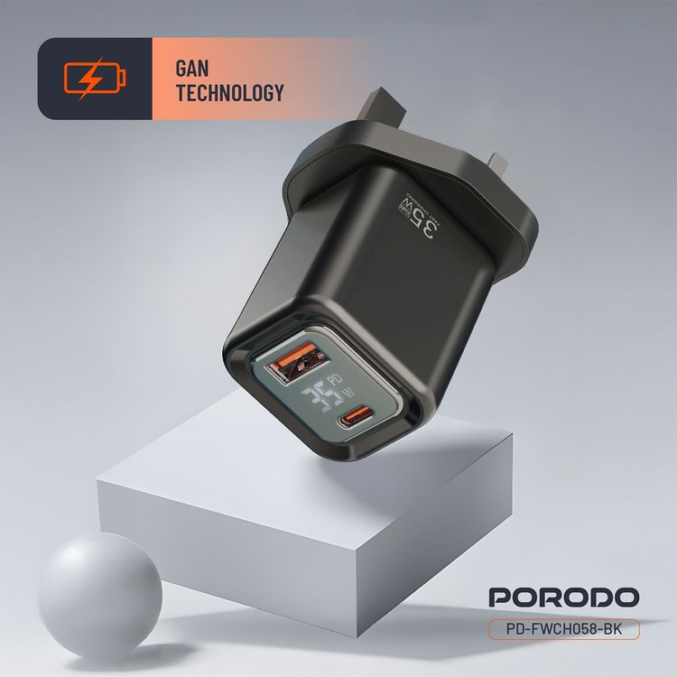 Porodo Dual-Port Quick Wall Charger with 35W Power Delivery, Built-in Safeguards, Digital Display, 0.8A Maximum Rated Current, GaN Technology - Black