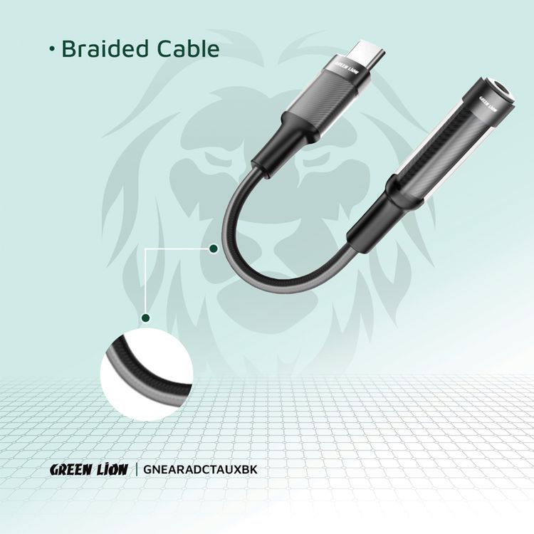 Green Lion Earphone Adapter with USB-C to 3.5mm Audio Jack Connector, 12cm Cable Length, Music Play & Call Function, More than 10,000 Bends Lifespan - Black