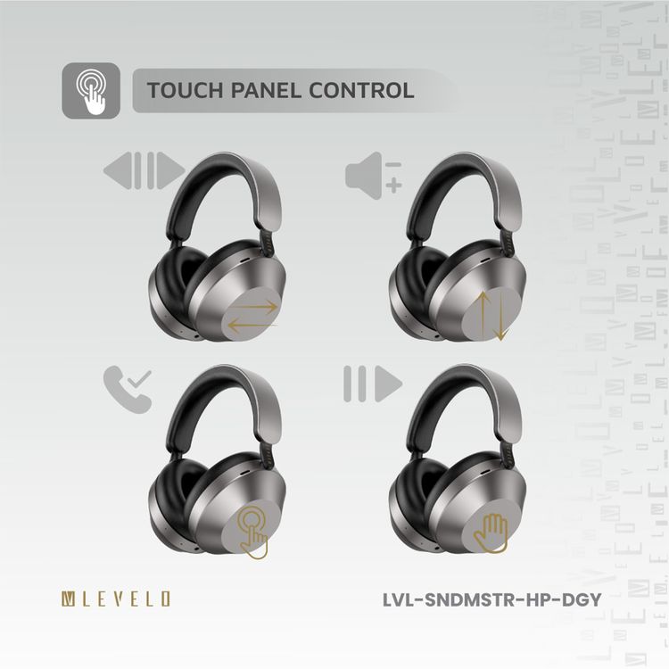 Levelo SoundMaster Hybrid ANC Headphones With Smart Touch Panel, Featherweight, Transparency Mode, Google & Siri Assistant, Music Control - Dark Gray