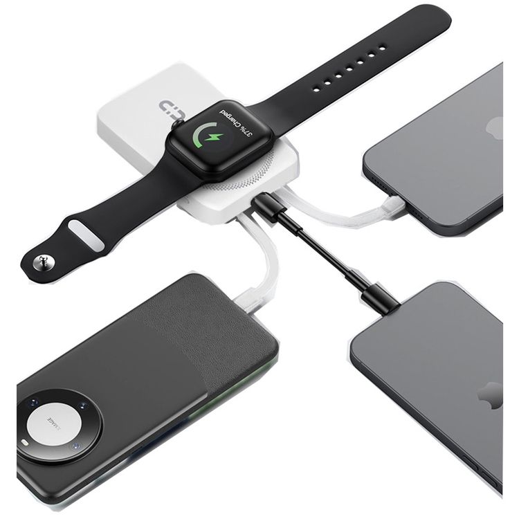 بورودو بنك طاقة لاسلكي مغناطيسي 10000 مللي أمبير/ساعة مع حامل كابل مدمج USB-C + Lightning، شحن متزامن، شاشة رقمية، PD 22.5 واط - أبيض