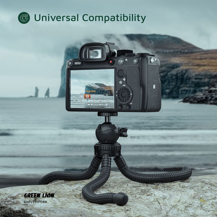 Green Lion Flexible Tripod with Foam Grips, ABS + TPR & Aluminum Material, 3kg Load Capacity, 360° Rotation, Flexible Legs, 2-Angle Adjustable, Pan & Tilt Functions - Black