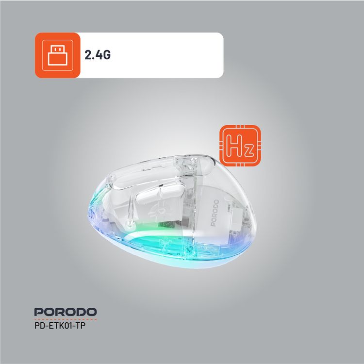 Porodo Vertical 4800 DPI Wireless Mouse with Crystal Shell, Magnetic Cover, Adjustable DPI, Dual Mode, Plug & Play, Type-C Charging Interface - White