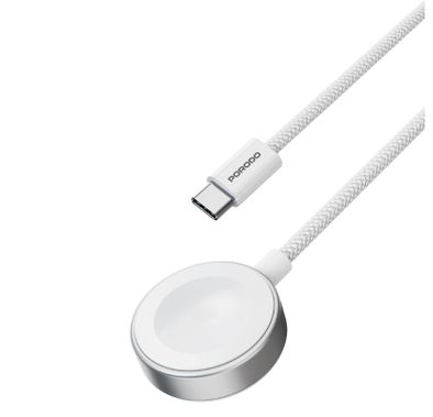 Porodo One Touch Magnetic Watch Charger with 2.5W Rated Power, 1m Cable Length, Cotton Braided Material, High-Speed Charging, Strong Magnetic Hold - White