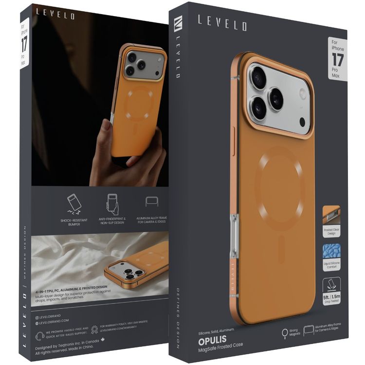 Levelo Opulis MagSafe Frosted Case for iPhone 17 Pro Max, Liquid Silicone Comfort, Anti-Scratch, Aluminum Alloy Frame for Camera & Edges, Anti-Fingerprint, Strong Magnets, Multi-Layer Design, Shock-Resistant Bumper, Non-Slip Surface - Sunrise Orange