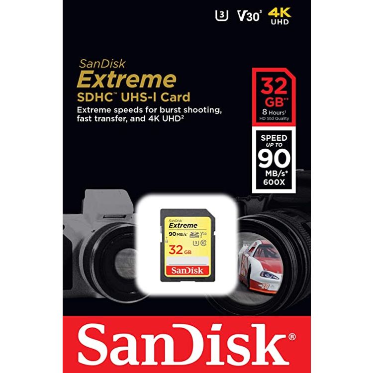 SanDisk Extreme 32GB SDHC Memory Card up to 90MB/s, Class 10, U3, V30 - Black