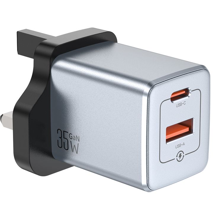 Green Lion GaNPremium UK Plug Wall Charger with 35W Power Delivery, 0%-50% Charge in 30 Minutes, PC Flame Retardant Material, Multiple Protection, USB-C & USB-A Ports - Gray