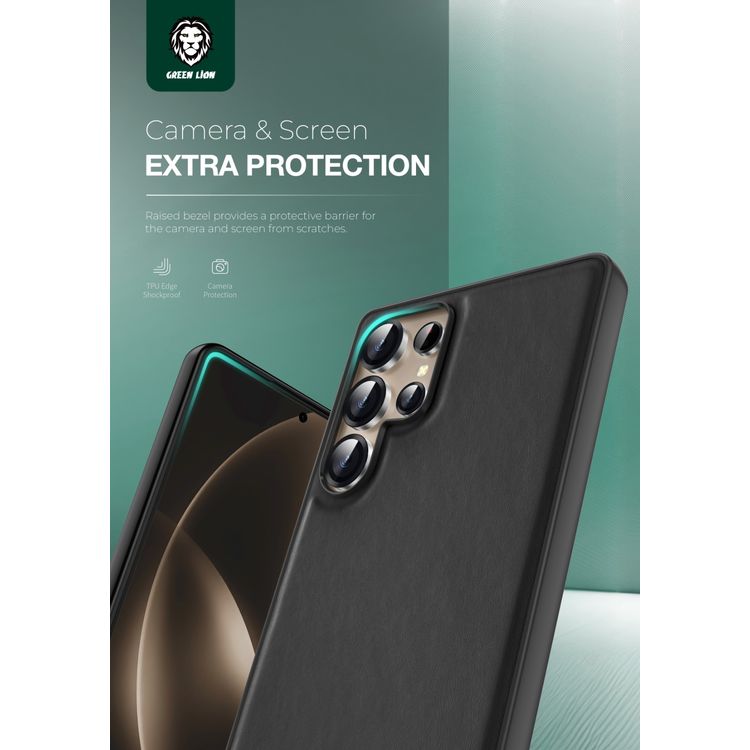 Green Lion Leather Case Samsung Galaxy S25 Ultra, TPU Shockproof Edges, Drop Protection, Comfort Grip, Camera Protection, Precise Cutouts, Anti-Scratch - Black