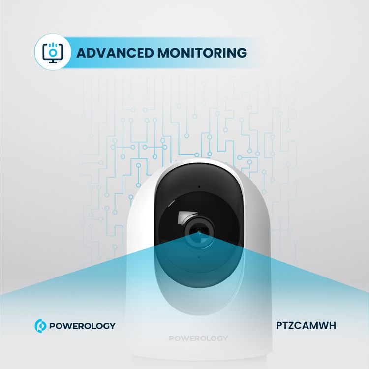 Powerology Indoor PTZ Smart Camera with Human Detection & Motion Sensor, 100° Field of Vision, 3MP Resolution, Pan & Tilt Control, Two-Way Audio - White