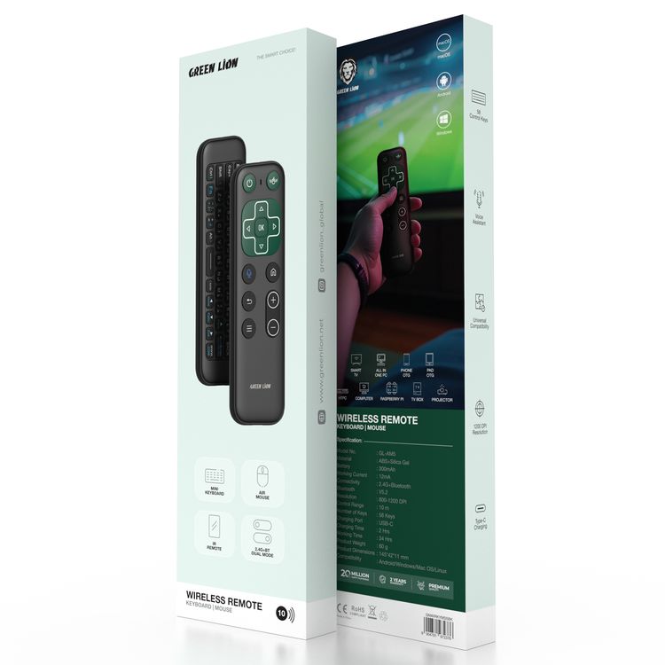 الأسد الأخضر جهاز تحكم عن بعد لاسلكي مع لوحة مفاتيح وفأرة، اتصال 2.4G + Bluetooth، دقة 1200 DPI، منفذ شحن USB-C، سعة بطارية 300 مللي أمبير، مساعد صوتي، لوحة مفاتيح صغيرة، فأرة هوائية – باللون الأسود